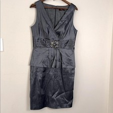 Eliza J Light Blue sleeveless cocktail midi dress jeweled broach shimmery SZ 14