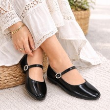 J. Crew Factory Mary Jane Ballet Flats Women 8.5 Black Faux Patent Pearl Buckle