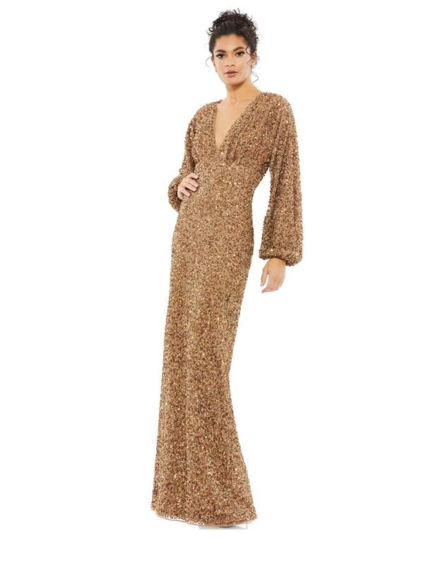 knee length dresses for ladies Mac Duggal Style 94213 Hand Beaded Long Sleeve Gown Dress main image 1