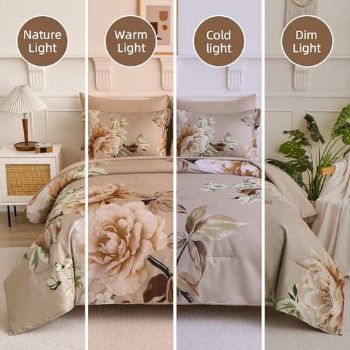Floral Comforter Set Size 7 Pieces Bed in a Bag Floral Bedding Queen Khaki - Bild 5 von 7