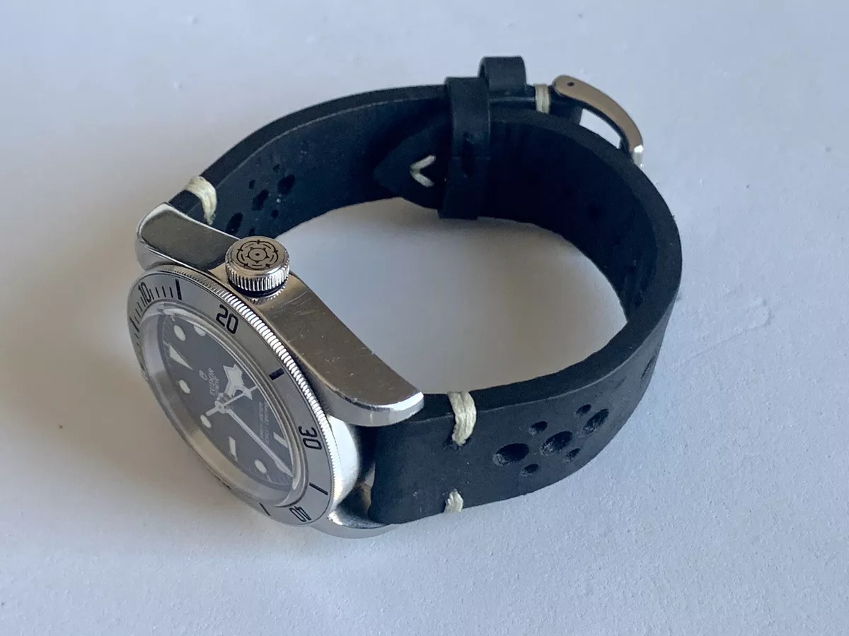 19mm BLACK Vintage Racing Crazy Horse Leather Watch Strap Band WHITE Stitch