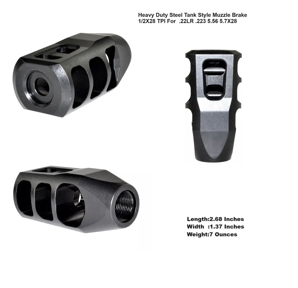 Heavy Duty Steel Tank Style Muzzle Brake 1/2X28 TPI For .22LR .223 5.56 5.7X28