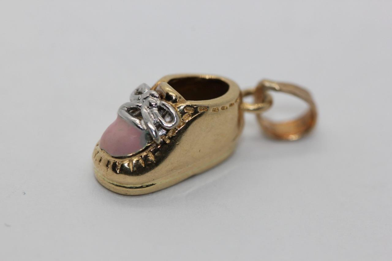 VINTAGE 14K GOLD 3D BABY SHOE BOOTIES CHARM PINK ENAMEL