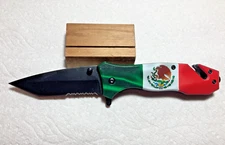 Mexican Flag Print Handle Spring Assisted Open Blade Folding Pocket Knife