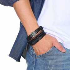 4pcs Braided Wrap Leather Bracelets Vintage Wood Ethnic Tribal Wristband Jewelry