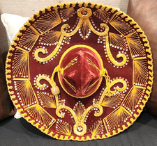Vintage Large Ornate Mexican Sombrero Red Velvet W/Gold Trim Party Salazar