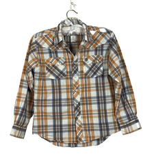 Wrangler Retro Orange Plaid Flannel Button Up Shirt Boys' Size L Pearl Snaps