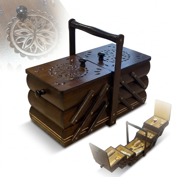 HOLZ-NÄHKASTEN, Aufklappbar, Schneiderkoffer, Organizer, 34 X 18 X 26 Cm, Dunkel-image