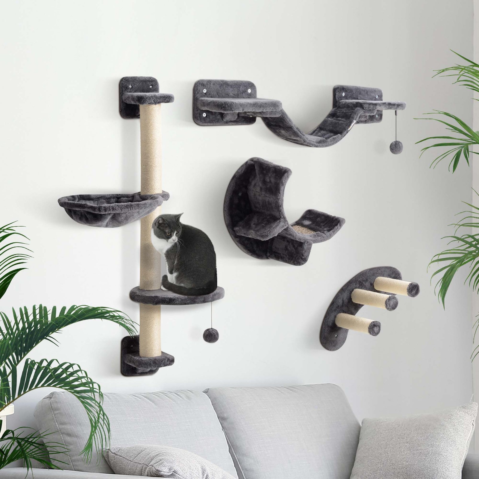 PwaHut Kletterwand Katzen 4-teilig Katzen Kletterwand Set mit Hängematte