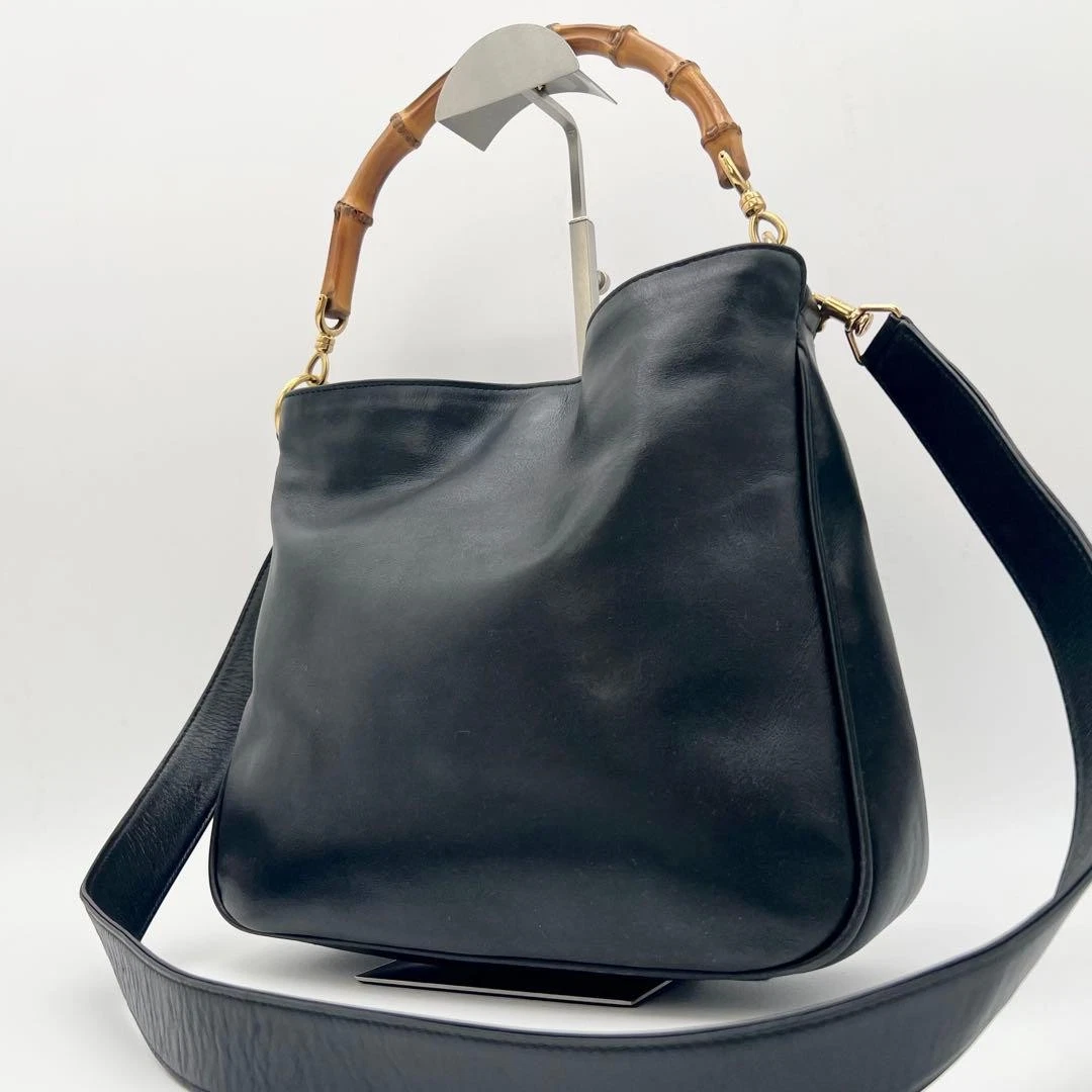 GUCCI Shoulder Handbag Bamboo Leather 2WAY Black