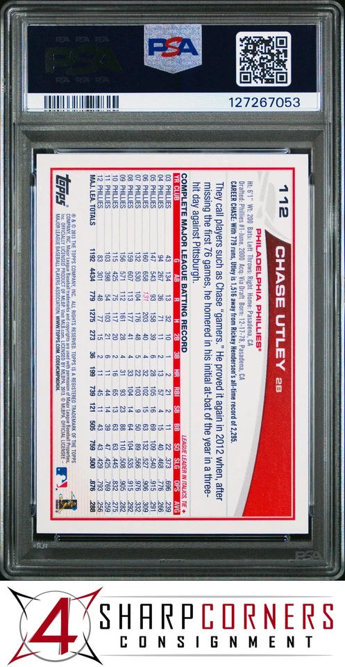 2013 TOPPS OPENING DAY #112 CHASE UTLEY PHILLIES POP 2 PSA 10 - Image 2 of 3