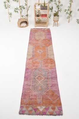 Turkish Rug, Runner 2,4x10,5 ft Vintage Rug, Orange Patchwork Wool Rug