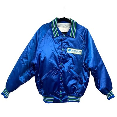 VTG Delong Jacket Lg Satin Quilted Bomber Blue Premium Fresh Farms 80s Retro USA