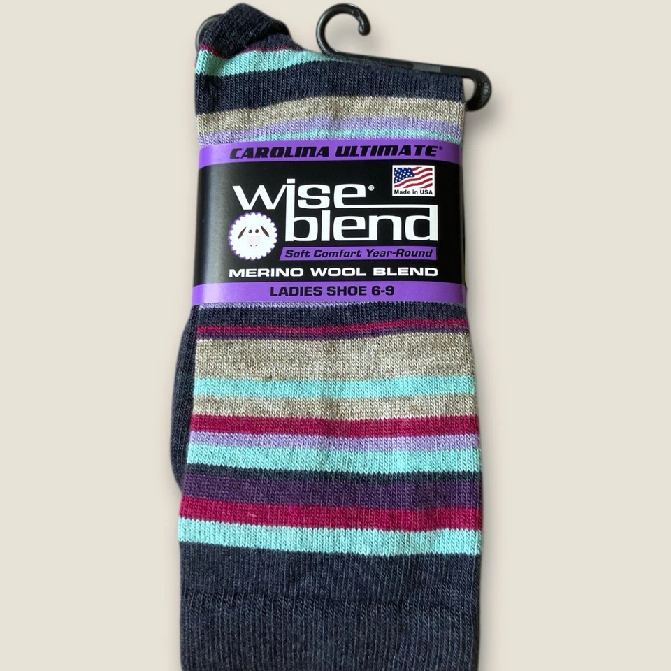 Ladies 6-9 Marino Wool Blend Made USA 3 Pair Socks Multicolor Striped - Image 3 of 4