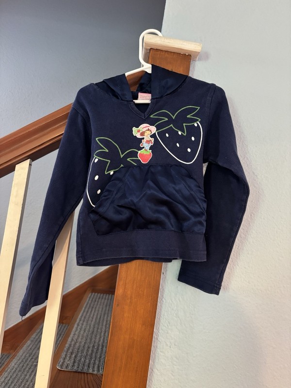 Strawberry Shortcake Vtg Y2K Hooded Long Sleeve Shirt Blue 2004 Satin Pocket 6