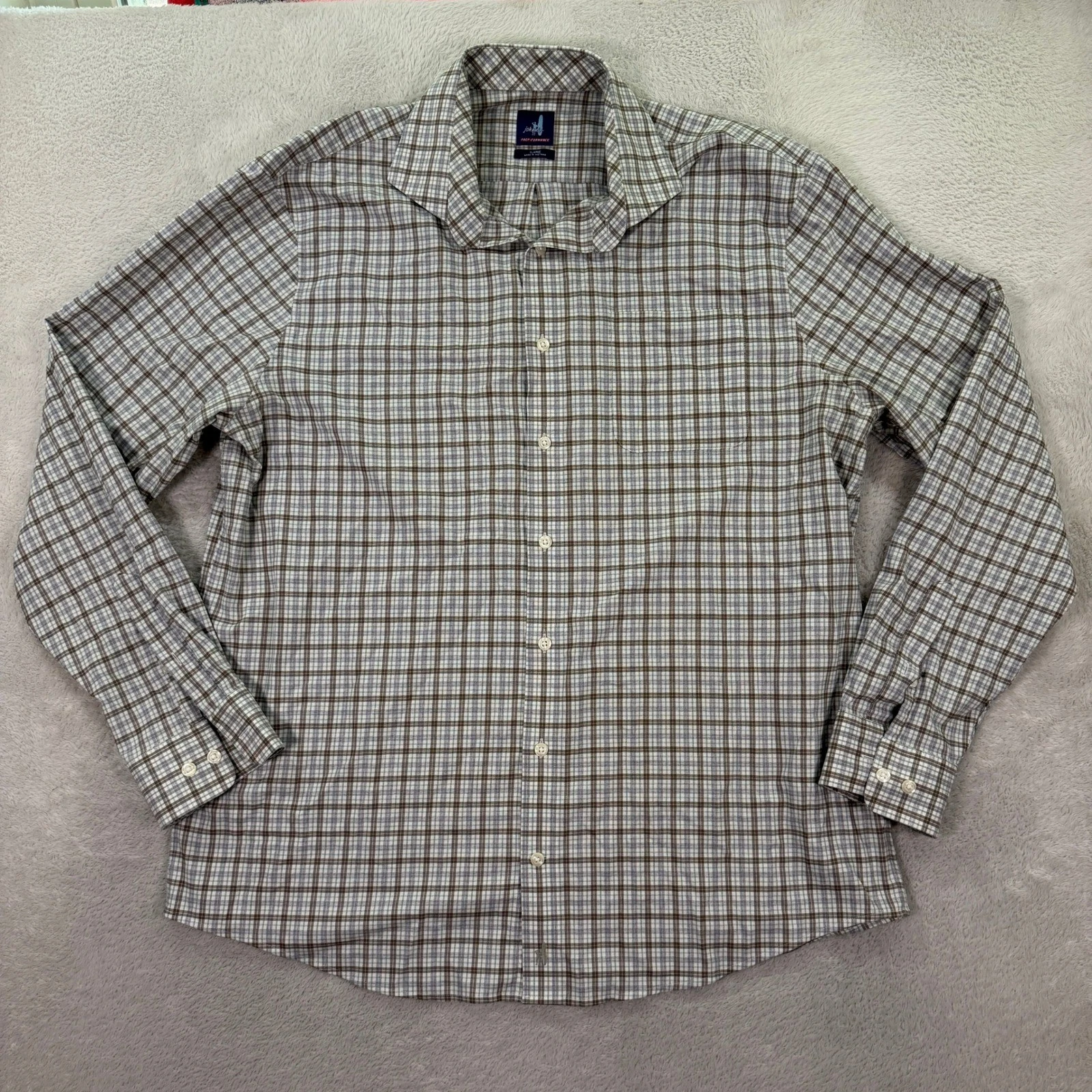 johnnie-O Mens XL Prep-Formance Plaid Button Down Shirt Brown Grey Stretch EUC