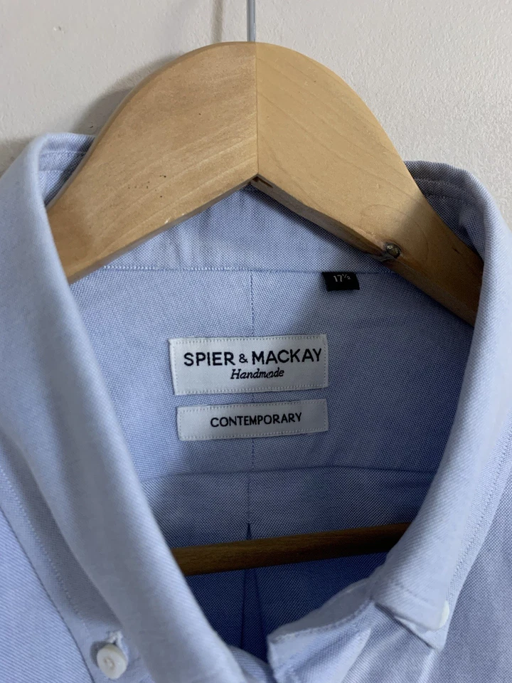 Camisa de vestir contemporánea Spier Mackay hecha a mano para hombre 17,5 azul Oxford con botones Foto 3 de 4