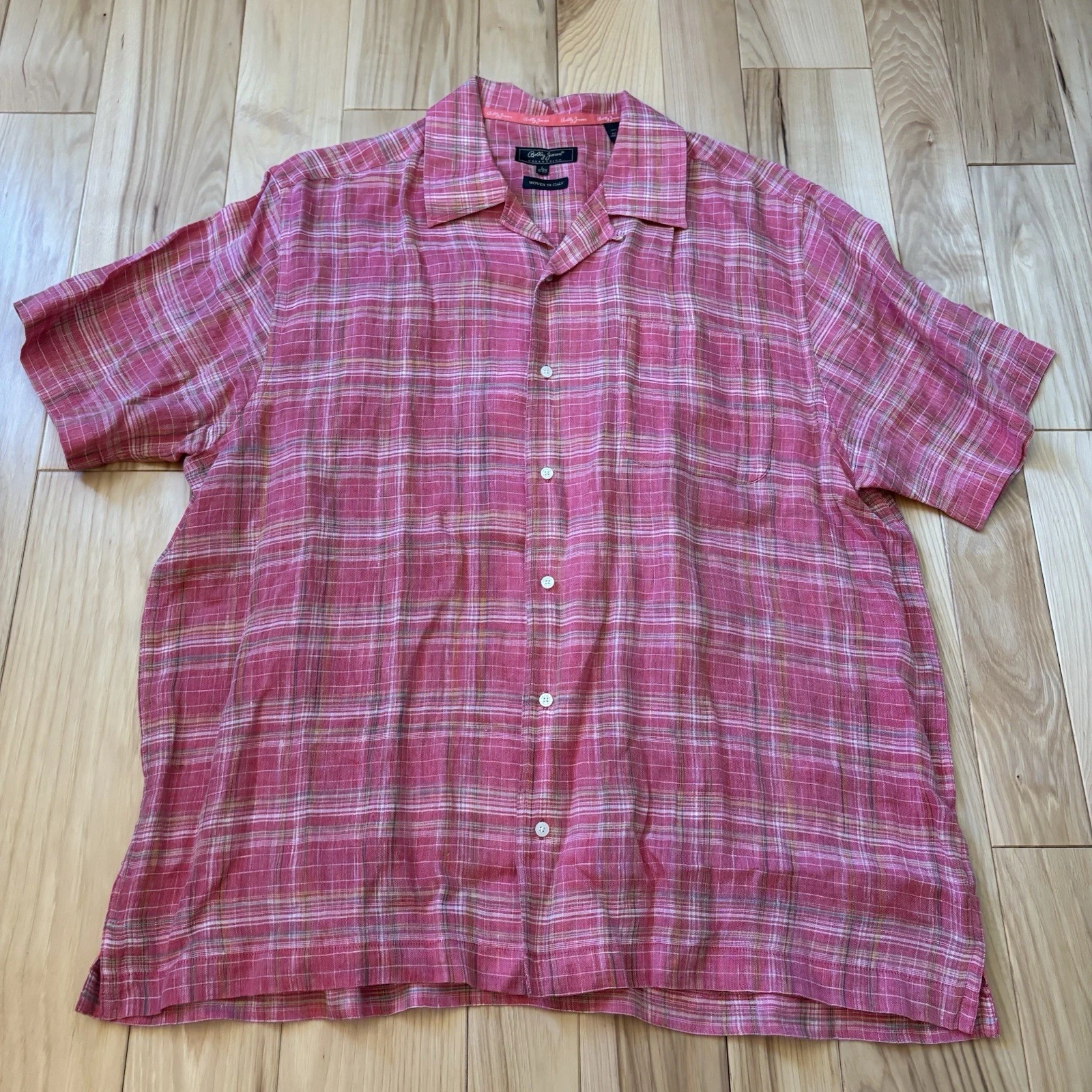 Bobby Jones Linen Plaid Multicolor Button Front Short Sleeve Shirt Large