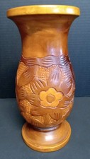 Wooden Vase 11" Hand Turned W/ Carving Floral Details W/ Textured Pattern