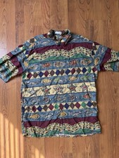 90s VTG Pierre Cardin Men s L Multicolor Fish Print SS Button-Up Rayon Shirt