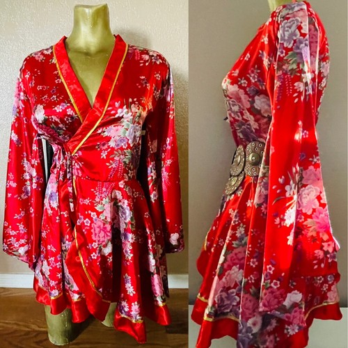 Schicker Vintage 90er rot Satin Blumenmuster KIMONO - Bild 3 von 15
