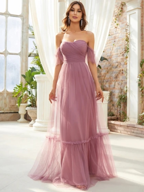 2023 Elegant Evening Dress Tulle Strapless A-line Floor Sweep Backless