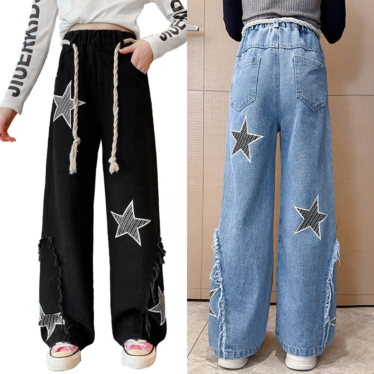 Girls Star Printed Denim Pants Drawstring Straight Wide Leg Girls Star Printed Denim Pants Drawstring Straight Wide Leg