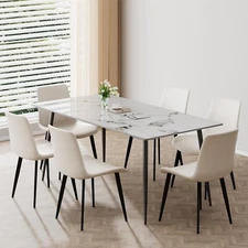 Beige Dining Chairs Leather Upholstered Kitchen Side Chair with Metal Legs