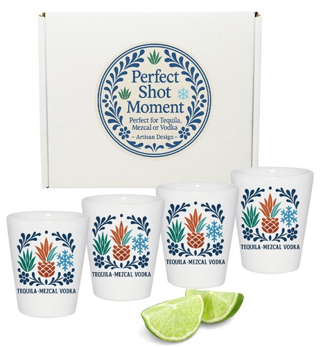 Schnapsglas Set weiß Keramik Kunsthandwerk Design Tequila Mezcal Wodka Geschenkbox - Bild 2 von 3