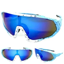 Oversize RETRO SPORTY WRAP AROUND Shield SUN GLASSES Big Baby Blue & White Frame