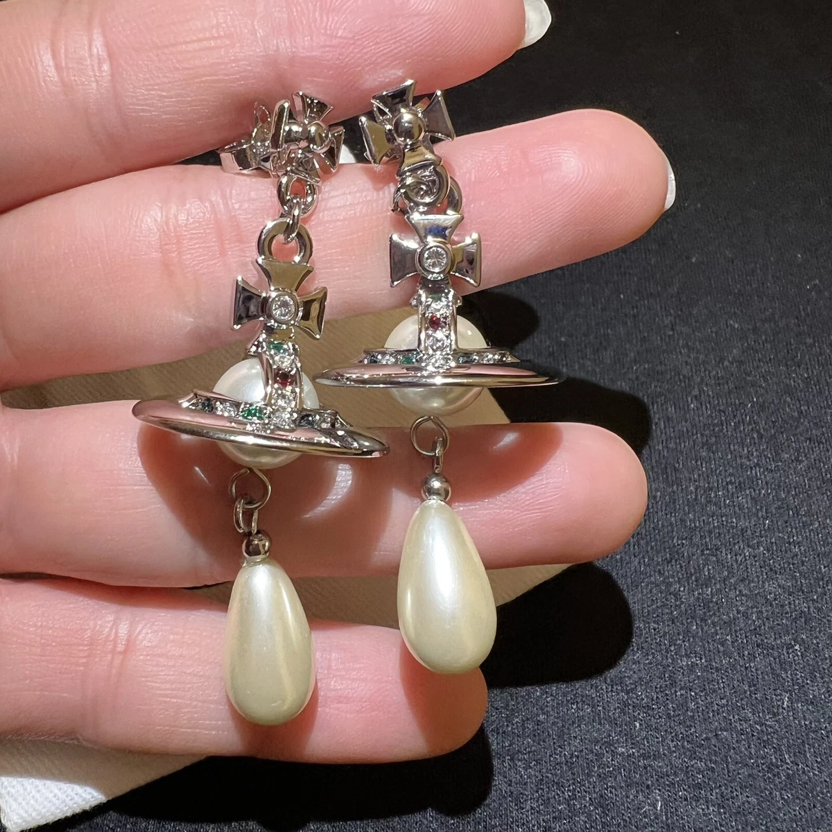 Vivienne Westwood Nana Orb Pearl Drop Earrings Silver Tone With