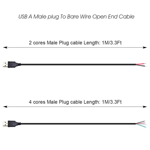 USB A Male plug Bare Wire Open End Cable 3.3Ft 2&4 cores 2pcs Pigtail Repair Tin - 第 4/8 張圖片