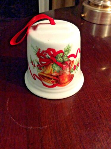 Classic Vintage Porcelain Christmas Bell w/ Red Satin Hanger Made In Germany  - Picture 1 of 10