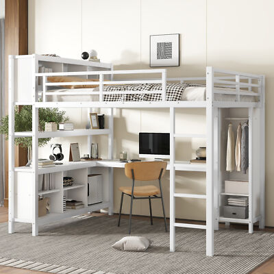 Queen Size Metal Loft Bed W/ Wardrobe/L-shaped Desk Storage Cubes /Shelves White