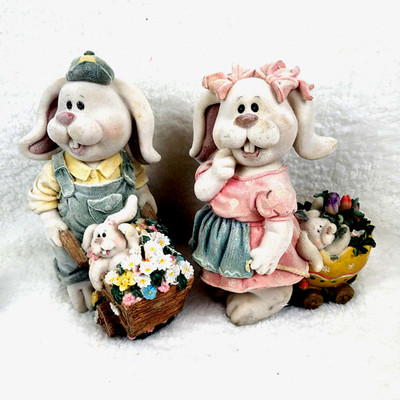Set of 2 Vintage Papa Mama Bunny Rubbit Baby Stroller Flower Easter Spring Decor