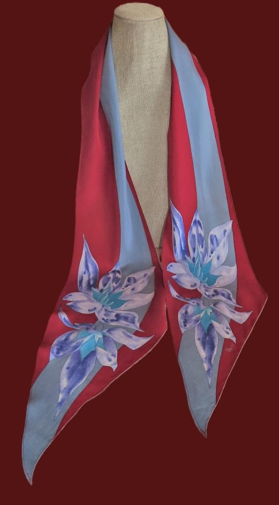 Vera Neumann obong scarf; floral; blue, raspberry, aqua, white; 72 x10; silk?