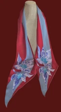 Vera Neumann obong scarf; floral; blue, raspberry, aqua, white; 72 x10; silk?