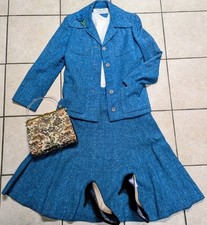 Christian Dior Late 1960s Blue Wool Blend A-line Skirt Suit