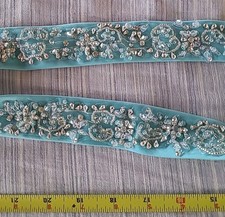 Vintage 53" Turquoise Blue Rhinestone Handmade Bead Bridal Sash Across Shoulder