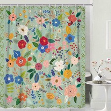 Teal Green/Pink Watercolor Floral Fabric Shower Curtain w/Hooks 70x70 Inch