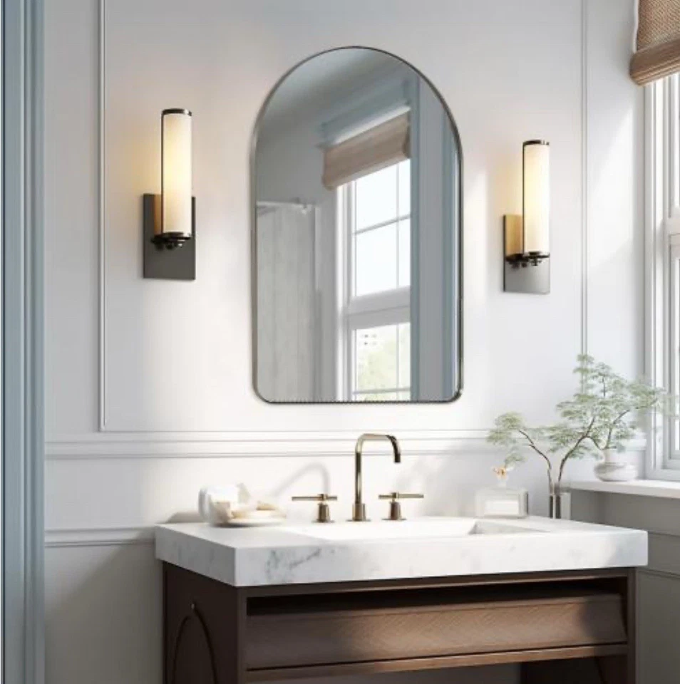 Espejo arqueado ANDY STAR, espejo de baño de níquel cepillado de 24 x 36 pulgadas Foto 2 de 4