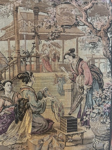 Flemish Style Petit Point Woven Tapestry Wall Hanging Japanese Market Scene - Picture 8 of 16