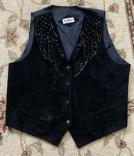 Jeri Marque Vintage Black Leather Suede Vest Sequin Accent Women’s Size Large