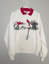 VTG Cardinal Bird Sweatshirt Jerzees Womens Large White Collard Double Sided USA