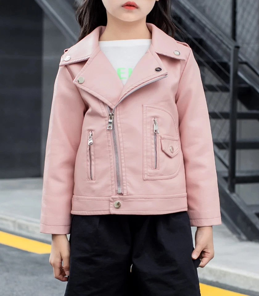 Chaqueta de motociclista de cuero sintético para niños niñas abrigo primavera otoño Foto 3 de 4