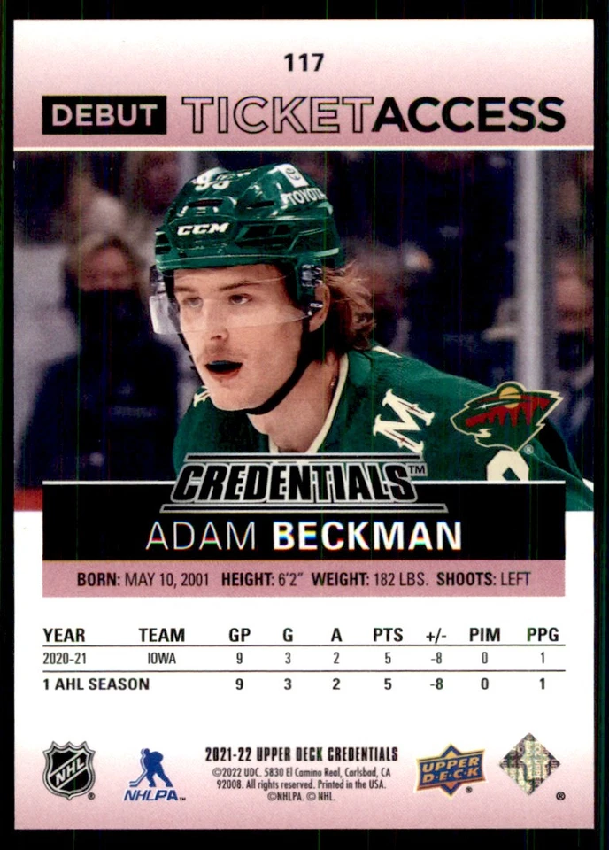 2021-22 UPPER DECK CREDENTIALS RED ADAM BECKMAN 192/199 MINNESOTA WILD #117 - Image 2 of 2