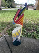 24” PELICAN WITH FISH HAND CARVED WOOD TROPICAL SCULPTURE BIRD DECOR TIKI BAR