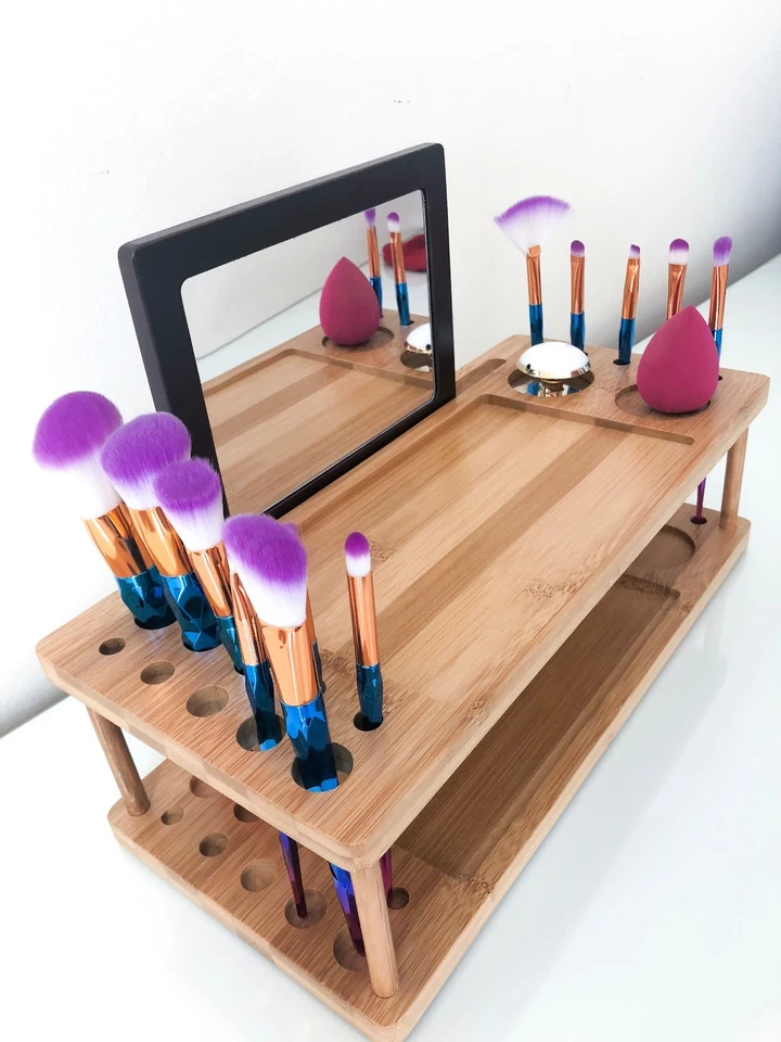 Estación de belleza LaVue | Bandeja de tocador | Organizador de madera de maquillaje con espejo Foto 2 de 4