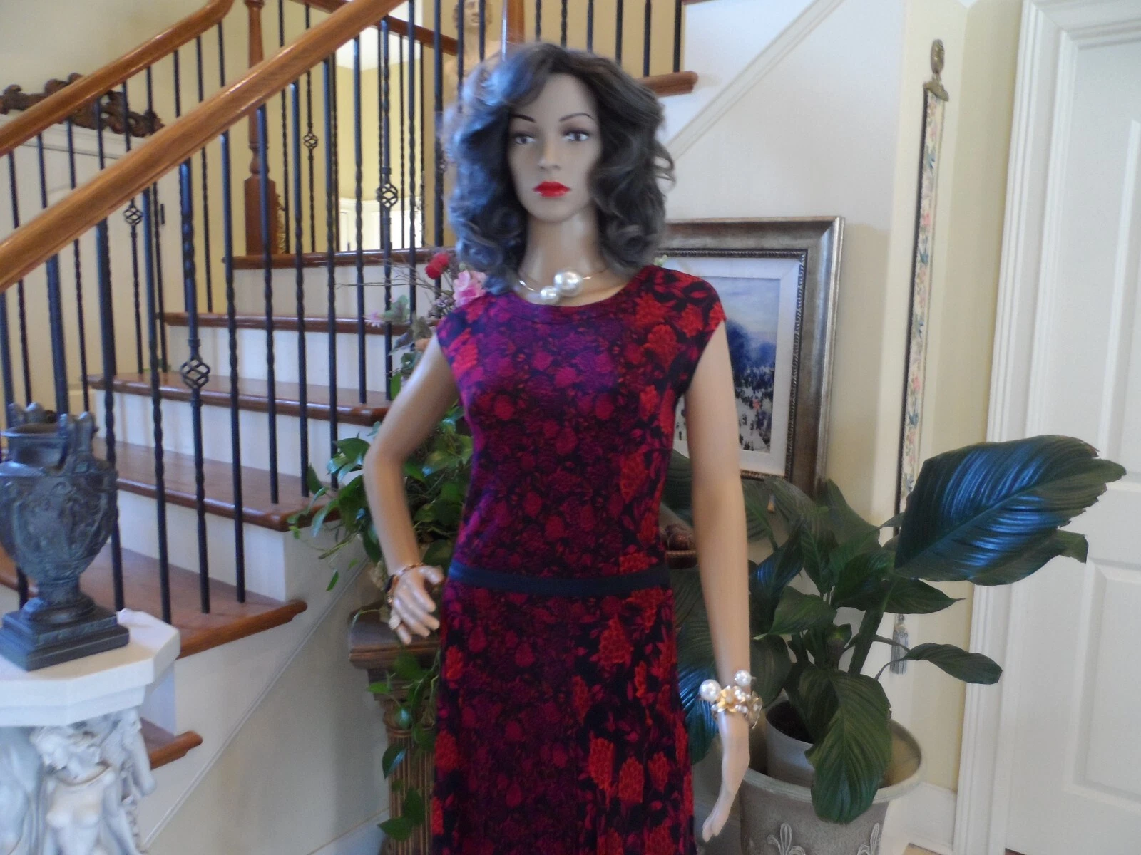 Abito a pieghe Tory Burch nero rosso stampa floreale vita a goccia taglia S