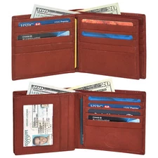 Leatherboss Genuine Leather Men Hipster RFID Credit Card Bifold Wallet, Brown